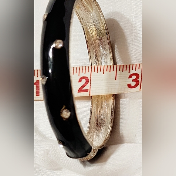 2 Hinge Bangle Bracelets Black Enamel w/Crystals & Bamboo Silvertone w/Crystals - Picture 10 of 13